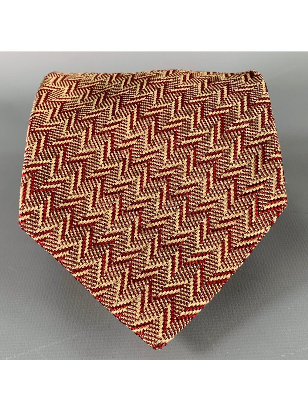 DONNA KARAN Burgundy Beige Zig Zag Silk Tie